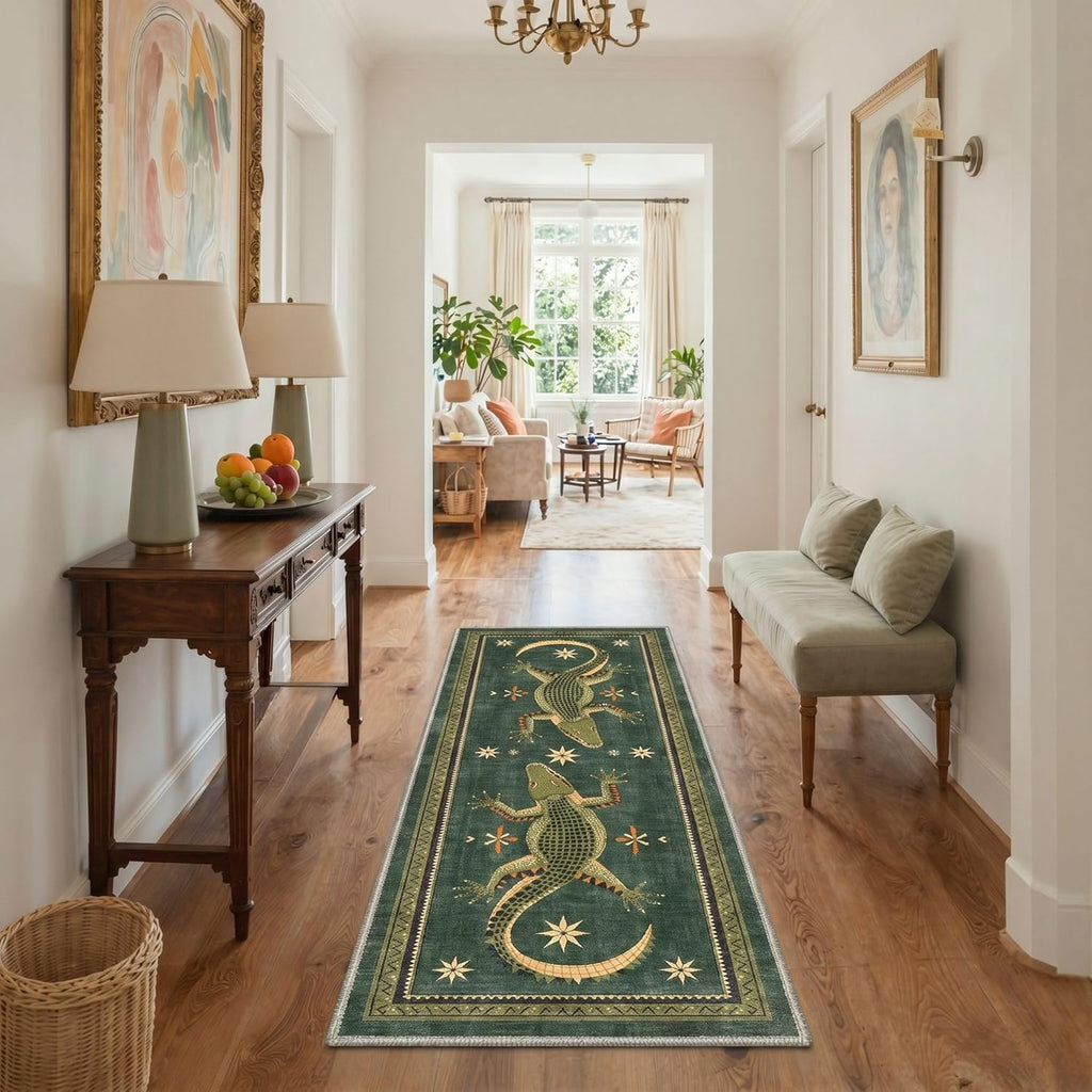 Bavni 2x5 Runner Rug Non Slip Washable Low Pile Print Rug for Hallway Kitchen Laundry Room Bedroom Bathroom, Alligator Forest Green