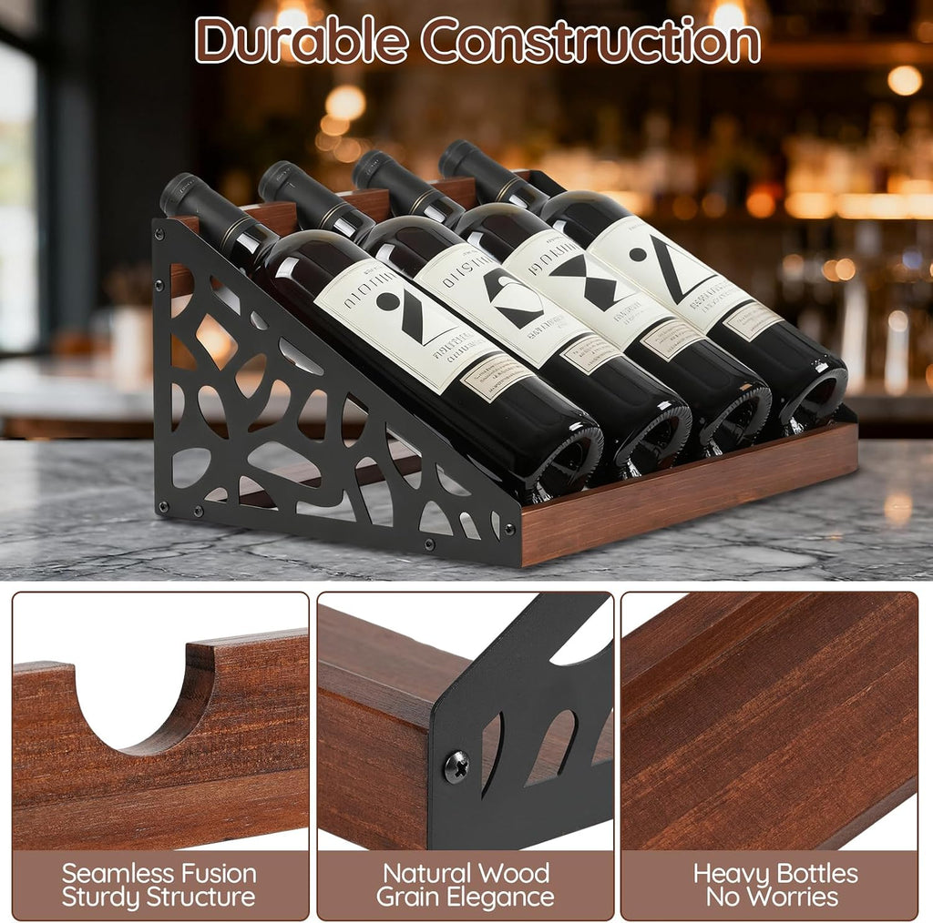 4-Bottle Rustic Countertop Wine Rack, Freestanding Wooden Tabletop Wine Bottle Holder for Cabinet, Pantry, Table, Kitchen