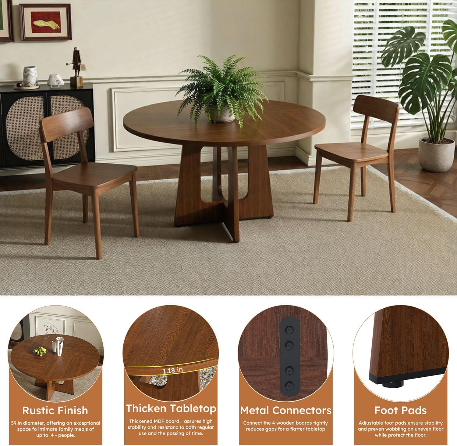 Round Dinning Table for 4-6, Kitchen Dining Room Table 47.2 Inches Circle Walnut Finish Dinner Tables for Kitchen, Dining Room, Living Room