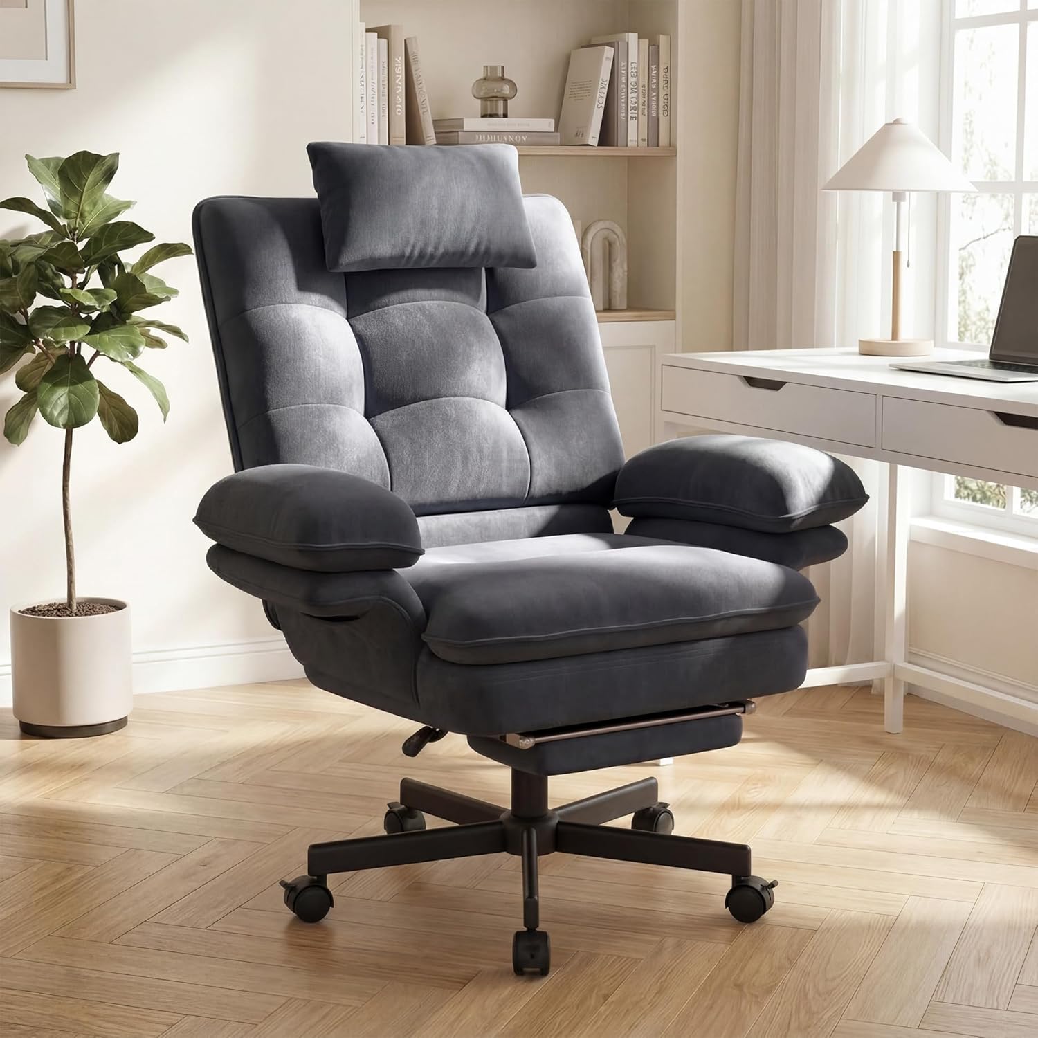 Criss Cross Office Chair with Flip-Up Armrests and Headrest, 135° Reclining Swivel Velvet Criss Cross Chair with Wheels & Foot Rest, Big and Tall Cloud Cross Legged Office Chair for Home, Gray