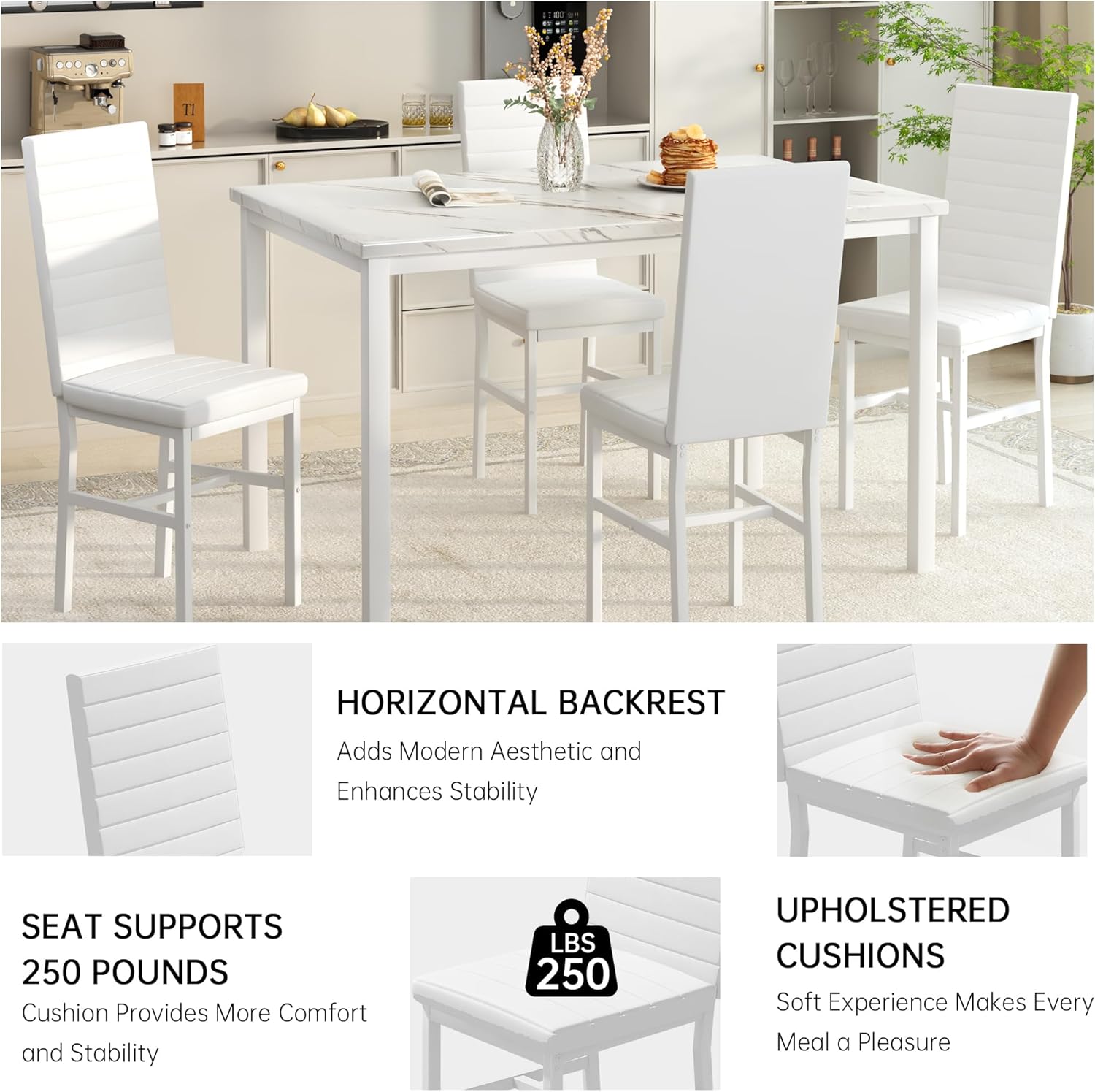 Hooseng Dining Table Set for 4, 5-Piece Faux Marble Dinner Table Set with 4 Upholstered PU Leather Chairs Kitchen Table Chairs Set Modern Space-Saving Dinette Set for Breakfast Nook Apartment White