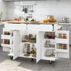 Squireewo 55" Kitchen Cart with Wood Top and Drop Leaf Breakfast Bar, Rolling Mobile Kitchen Island Table on Wheels with Drawer and Storage Cabinet, Spice Rack, Towel Rack, White