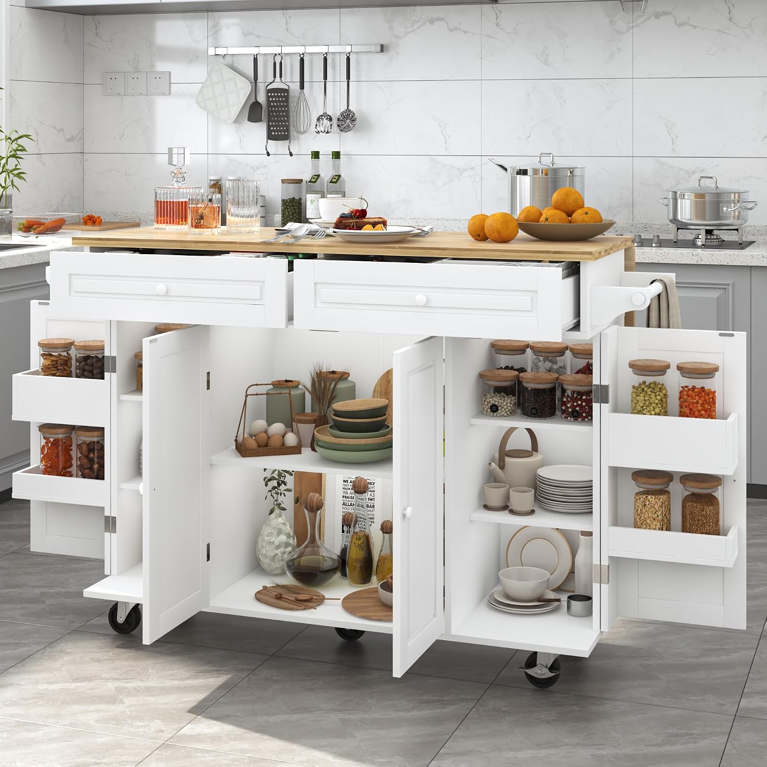 Squireewo 55" Kitchen Cart with Wood Top and Drop Leaf Breakfast Bar, Rolling Mobile Kitchen Island Table on Wheels with Drawer and Storage Cabinet, Spice Rack, Towel Rack, White
