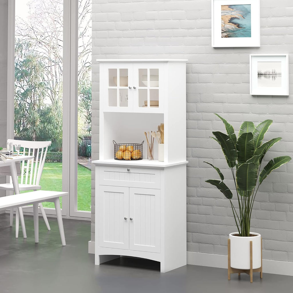 64" Kitchen Pantry Storage Cabinet Buffet Sideboard for Coffee Maker & Toaster,Snacks,Spices & Wine Storage Organizer with Framed Glass Door, Drawer and Microwave Space, White