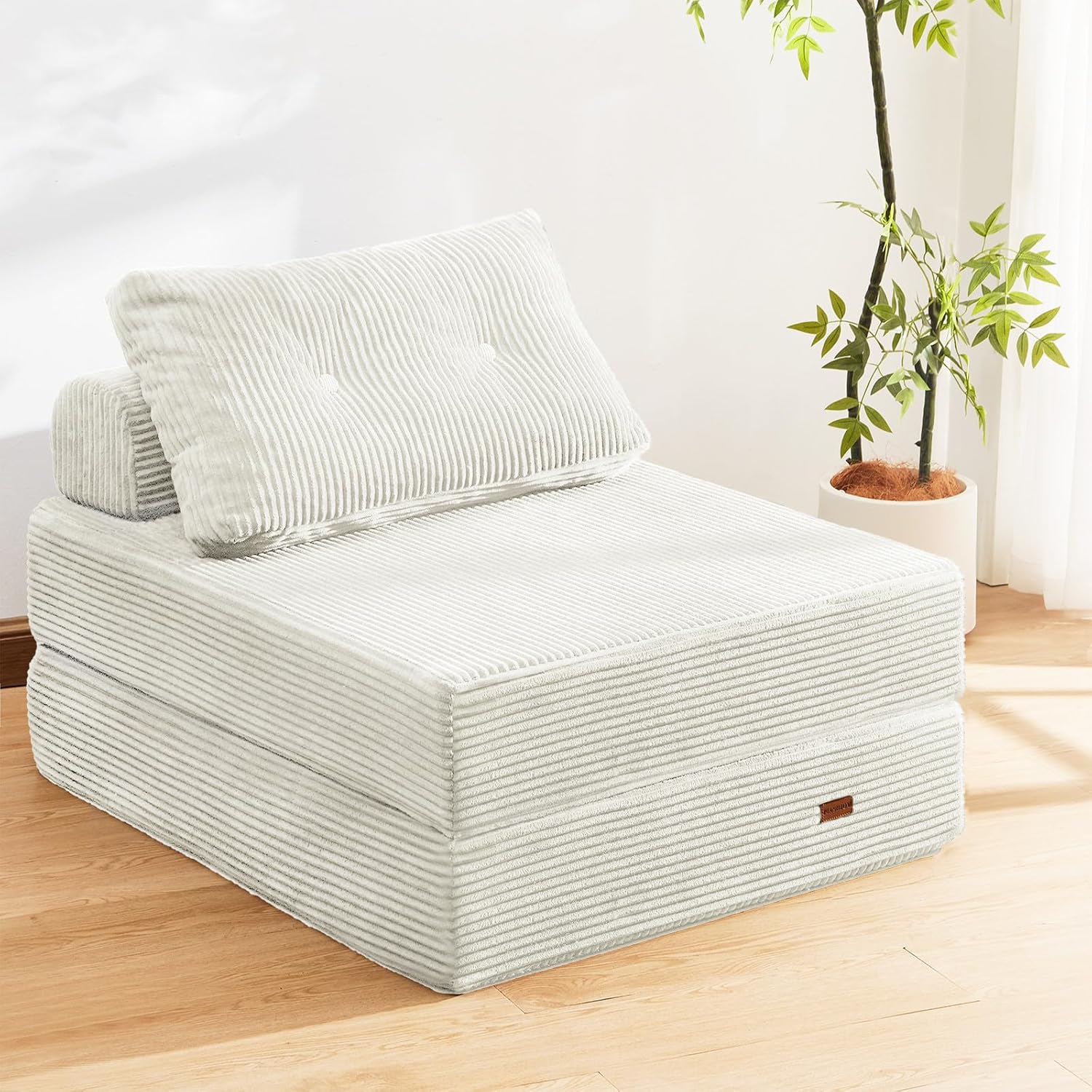 Folding Sofa Bed Chair, Sleeper Chair for Adults with High-Density Foam and Pillow,Portable 3 in 1Folding Chair Bed for Living Room、Apartment 、Hotel,Single, Creamy Apricot