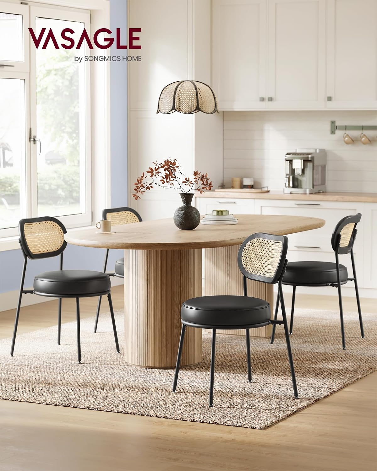 VASAGLE Dining Chairs, Set of 2 Accent Chair for Dining Room Kitchen, with Boho PE Rattan Back, Synthetic Leather Upholstery, Ink Black ULDC160B02