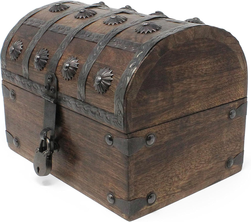 Nautical Cove Keepsake Wooden Treasure Chest with Antique Jewelry Lock and Key (Large 8 x 6 x 6) – Decorative Box, Pirate Wooden Chest, Wood Box with Lid, Rustic Storage Chest