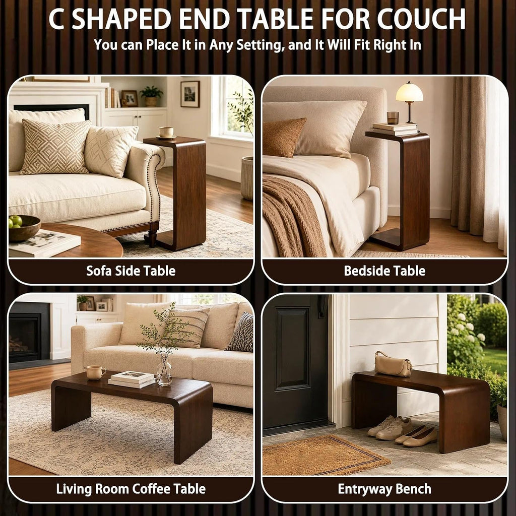 C Shaped End Table, Wooden Sofa Side Table, for Living Room, Bedroom, Office, for Laptop, Coffee, One-Piece Design Saves Space, Walnut