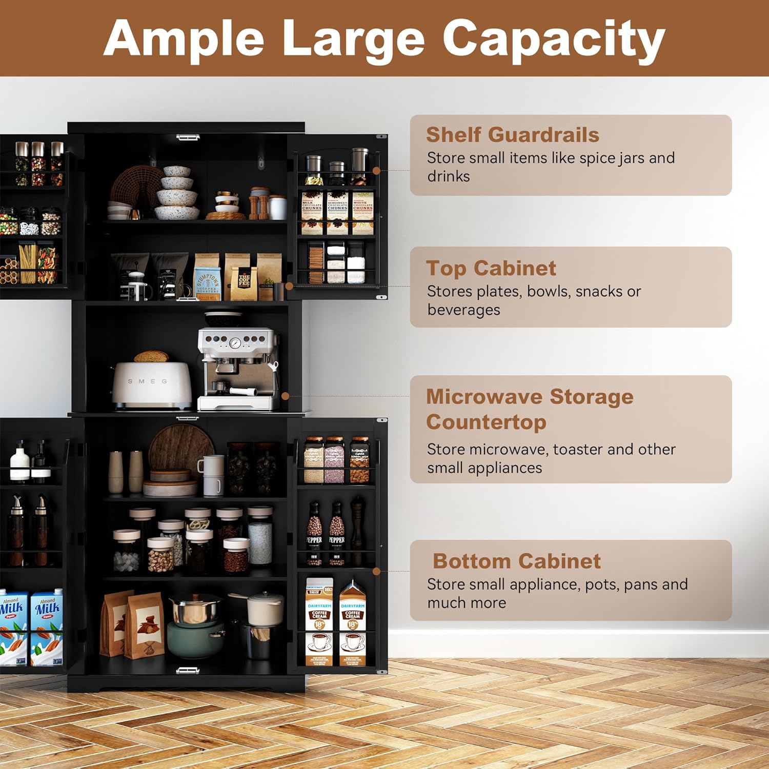 HLR 72" Kitchen Pantry Storage Cabinet with Open Countertop, Freestanding Larder Cupboard with Microwave Stand, Utility Laundry Room Storage Cabinet with Doors and Shelves for Dining Room, Living Room