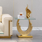 1 Piece Living Room End Table Luxury Glass Side Table, Elegant Gold End Table with Three Ring-Shape Stainless Steel Pedestal Base for Living Room Bedroom Office(1 End Table)