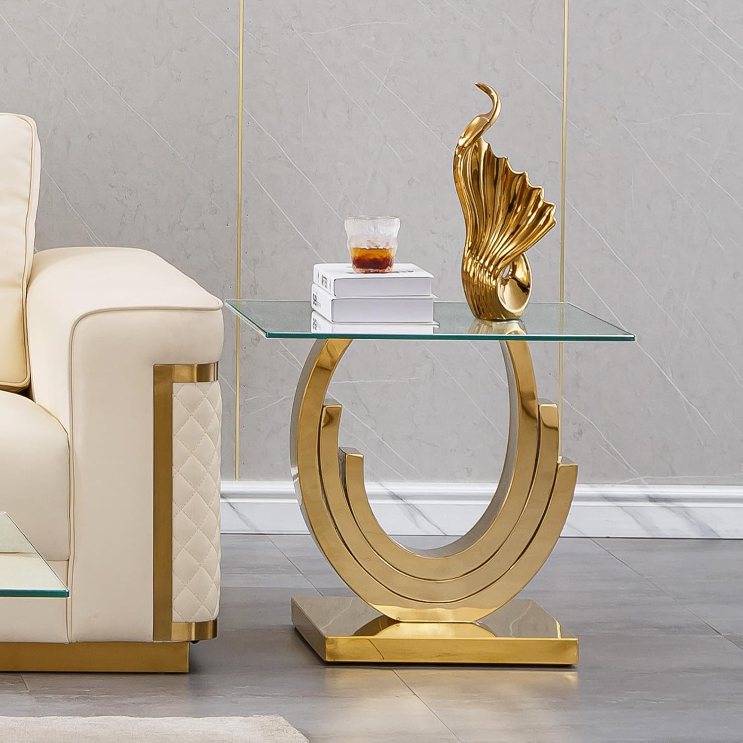 1 Piece Living Room End Table Luxury Glass Side Table, Elegant Gold End Table with Three Ring-Shape Stainless Steel Pedestal Base for Living Room Bedroom Office(1 End Table)