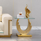 Gold Glass End Table, Modern 22.8" Square Sofa Side Table for Living Room, Tempered Glass End Bedside Table Nightstand with Ring-Shape Stainless Steel Base for Bedroom Home Office