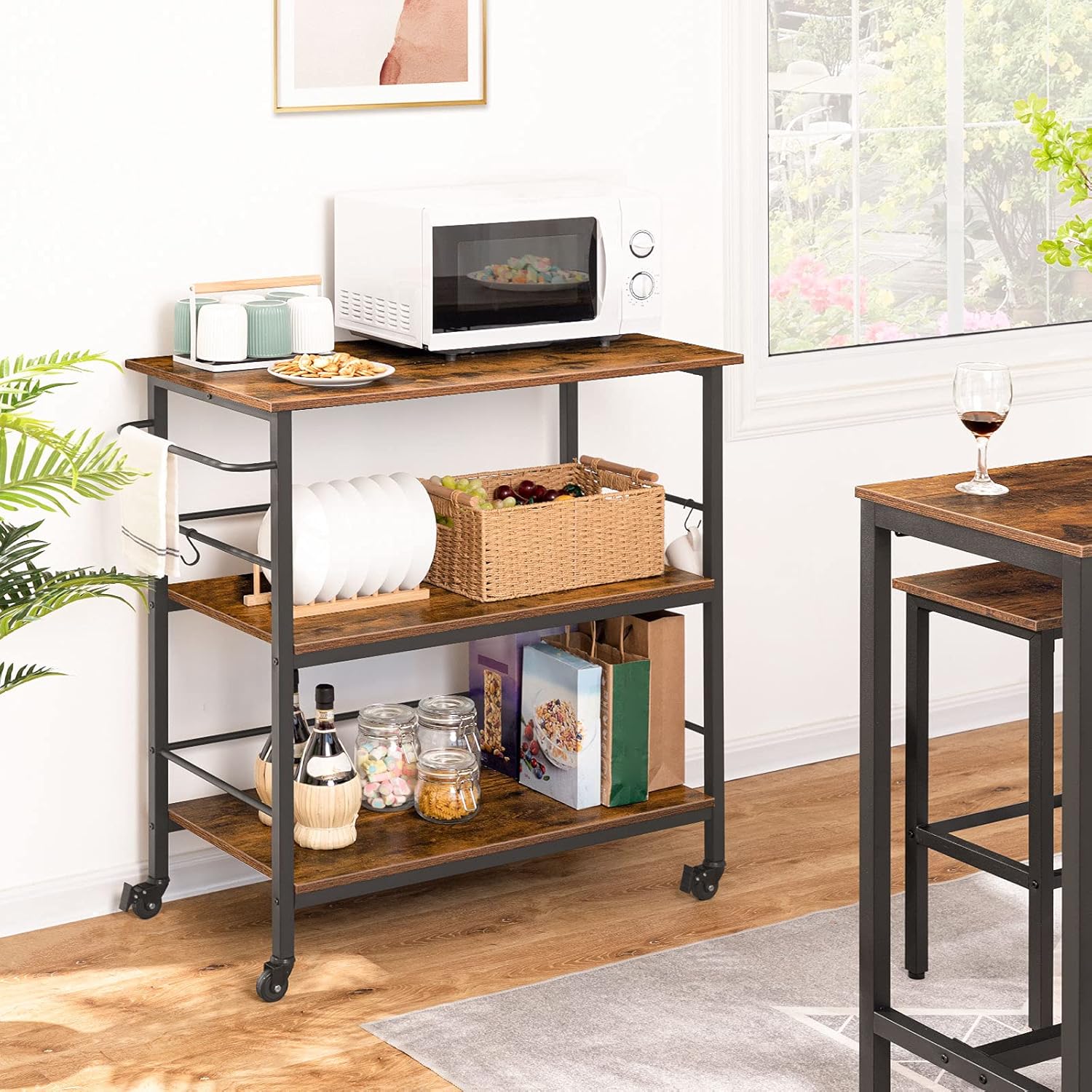 HOOBRO Kitchen Island with Storage, Industrial Kitchen Counter with Hooks and Side Enclosures, 3 Tier Kitchen Cart with Large Workstation, Saving Space, Easy Assembly, Rustic Brown and Black BF03ZD01