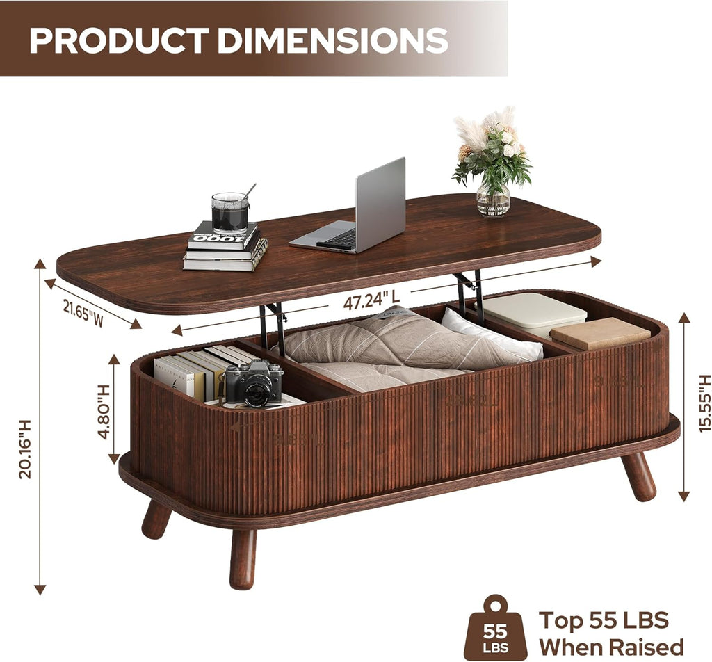knoworld Fluted Lift Top Coffee Table with Storage, 47" Oval Coffee Table with 3-Partition Hidden Compartment, Mid Century Modern Wood Center Table for Living Room, Work & Dining from Sofa, Walnut