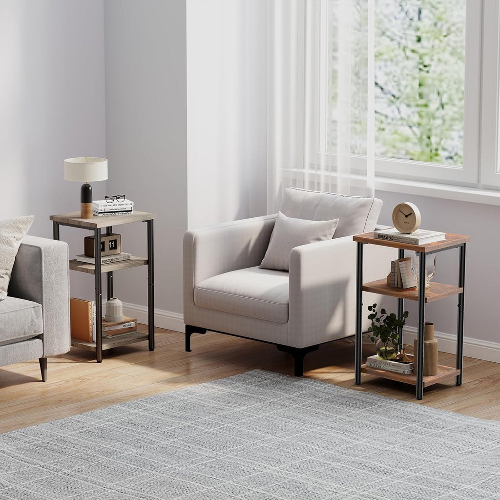 OLIXIS End Table, Small Side Table for Small Spaces, 3 Tier Tall Bedside Table with Open Shelf and Adjustable Feet for Living Room, Bedroom, Office, Dorm, Apartment, Oak Grey