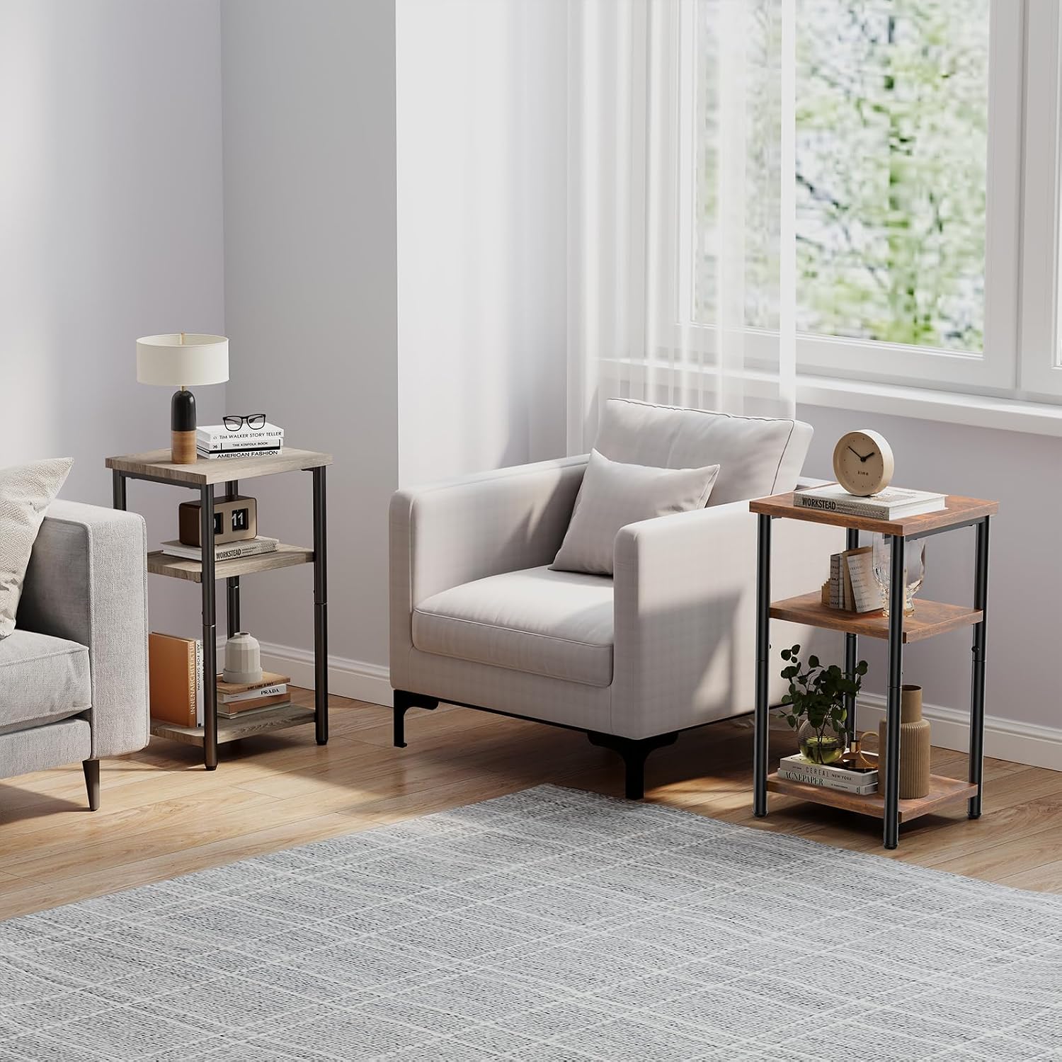 OLIXIS 3-Tier Small Side Table for Small Spaces, Bedroom Nightstand | 23'' Tall Bedside Table with Open Shelf and Adjustable Feet for Living Room, Bedroom, Office, Light Grey