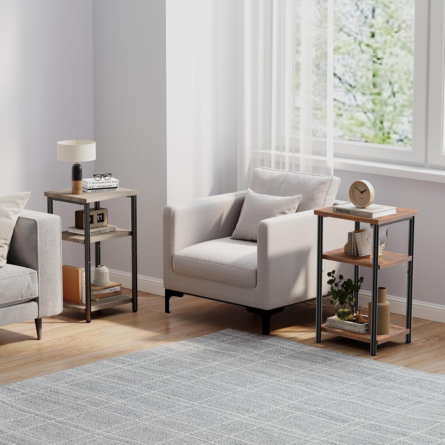 OLIXIS End Tables Set of 2, Small Side Table for Small Spaces, 3 Tier Tall Bedside Table with Open Shelf and Adjustable Feet for Living Room, Bedroom, Office, Dorm, Apartment, Brown