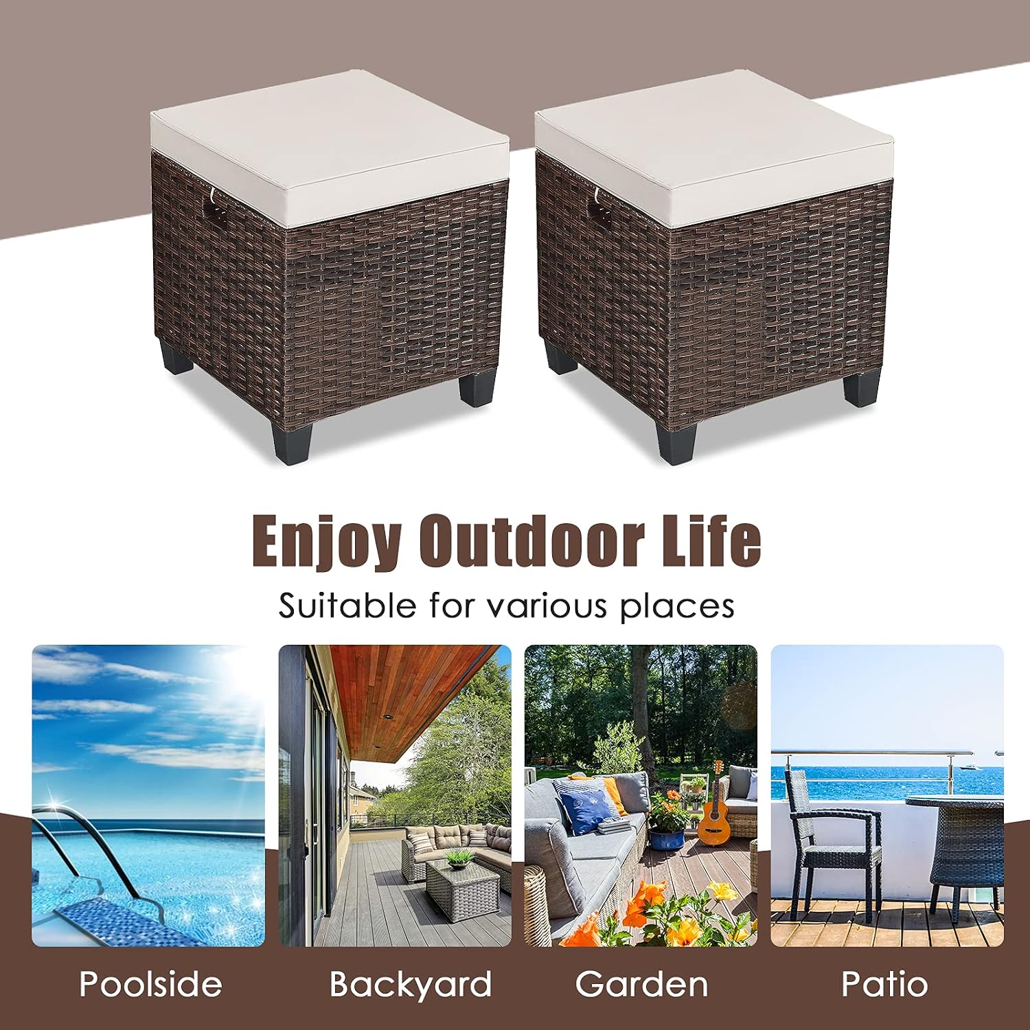ORALNER Set of 2 Outdoor Ottoman, 16" Wicker Footstools, All-Weather Rattan Cube Foot Stool w/Removable Cushions, Square Footrest Extra Seating for Patio, Porch, Deck, Easy Assembly (Light Brown)