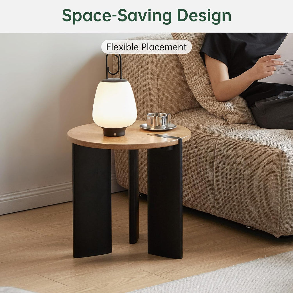 Solid Wood Side Table with 2-Tone Finish, 18.11" Round Side Table for Living Room Balcony, Nature Wooden Bedside Table for Bedroom, 100% Solid Wood Furniture, Solid Oak Natural Top Vintage Black Leg