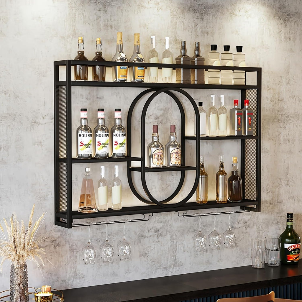 47" Upgrade Metal Wall Mounted Wine Rack, 3 Tier Bar Shelves with Glass Holder, Large Capacity Modern Liquor Shelves for Home Bar, Dining Room & Kitchen, Black