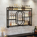 47" Upgrade Metal Wall Mounted Wine Rack, 3 Tier Bar Shelves with Glass Holder, Large Capacity Modern Liquor Shelves for Home Bar, Dining Room & Kitchen, Black