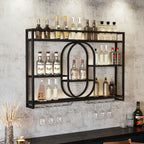 47" Upgrade Metal Wall Mounted Wine Rack, 3 Tier Bar Shelves with Glass Holder, Large Capacity Modern Liquor Shelves for Home Bar, Dining Room & Kitchen, Black
