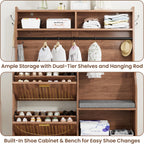78" Tall Hall Tree with Bench and Shoe Storage, Entryway Hall Tree with Hanging Rod, 4 Hooks, Flip Shoe Cabinet and Storage Shelves, Modern Rustic Entryway Furniture for Mudroom ,Hallway (Walnut)