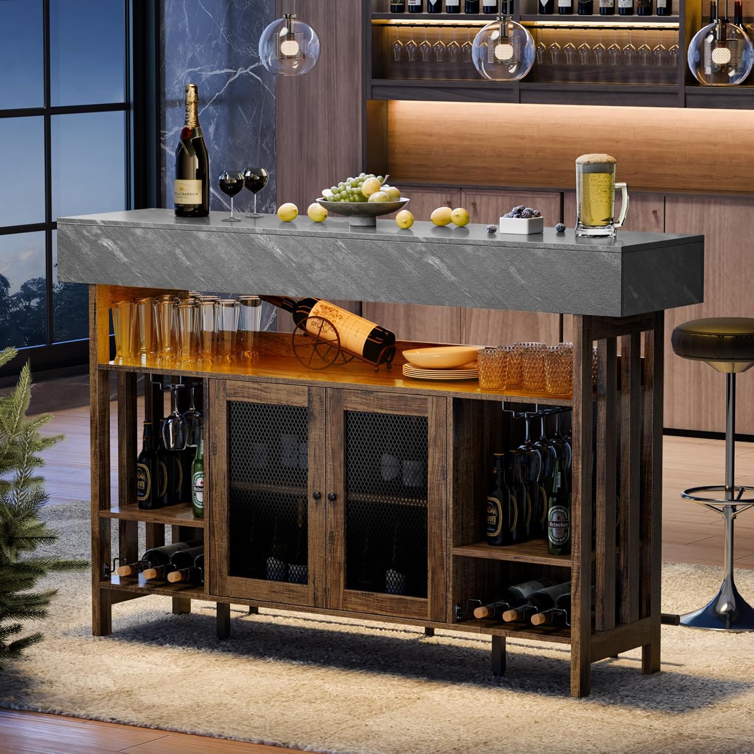 Loomie Bar Table Cabinet with Grey Marble Top & LED Lights & 2 Drawers, Home Bar Unit with Adjustable Shelf & Footrest, 41.3" Counter Height Pub Table, Wine Liquor Bar for Home Pub (Rustic Brown)