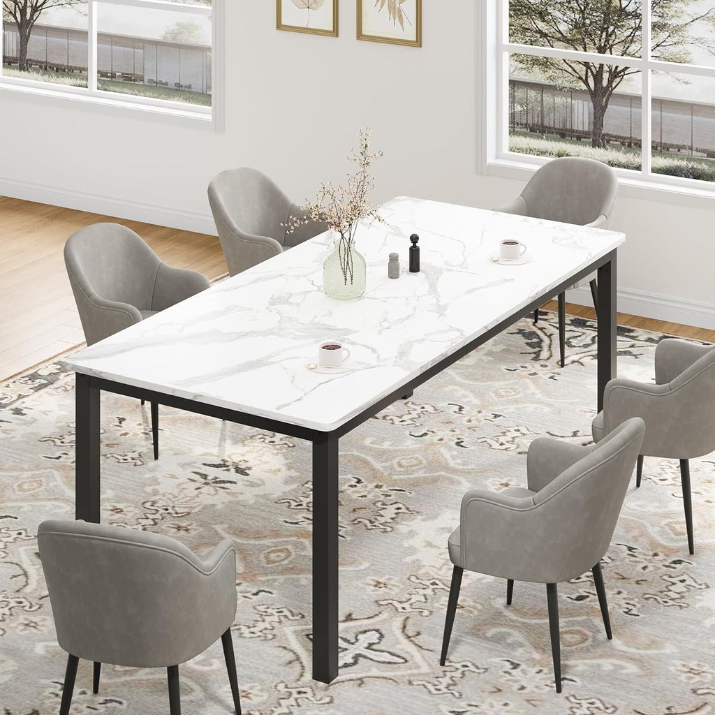 79 Inch Industrial Dining Table, Large Rectangle Kitchen Table with Metal Legs, Round Corners, Wooden Conference Tables Writing Desk for Dining Room, Living Room, White Faux Marble