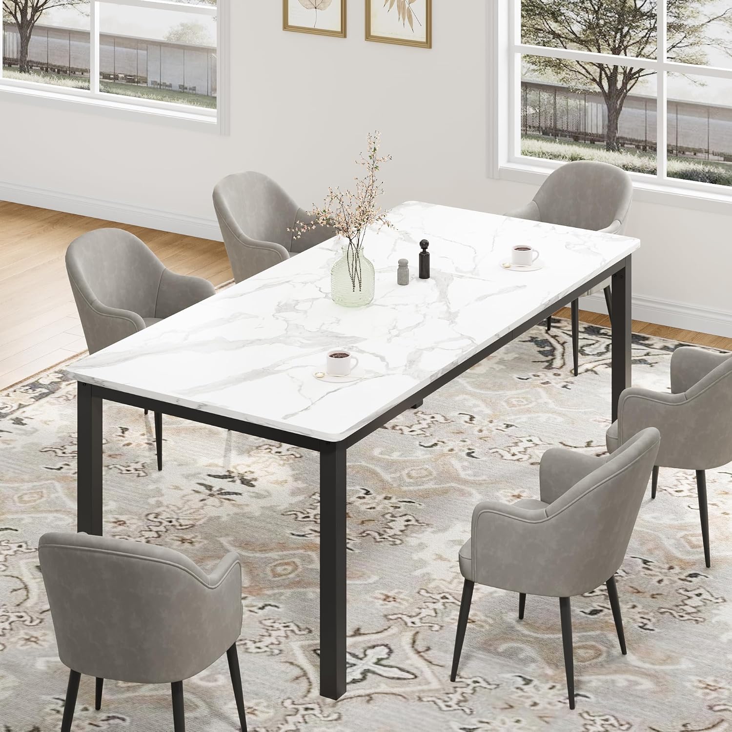 79 Inch Industrial Dining Table, Large Rectangle Kitchen Table with Metal Legs, Round Corners, Wooden Conference Tables Writing Desk for Dining Room, Living Room, White Faux Marble