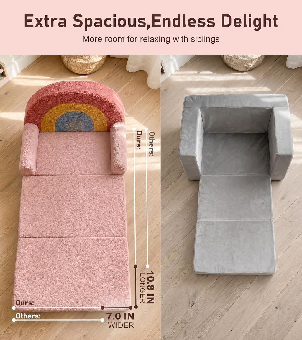 little dove Extra Wide Soft Kids Couch Fold Out, 2-in-1 Kids Couch, Convertible Kid Sofa, Kid Furniture for Playroom, Ideal Gifts for Boys & Girls Ages 3+, Pink