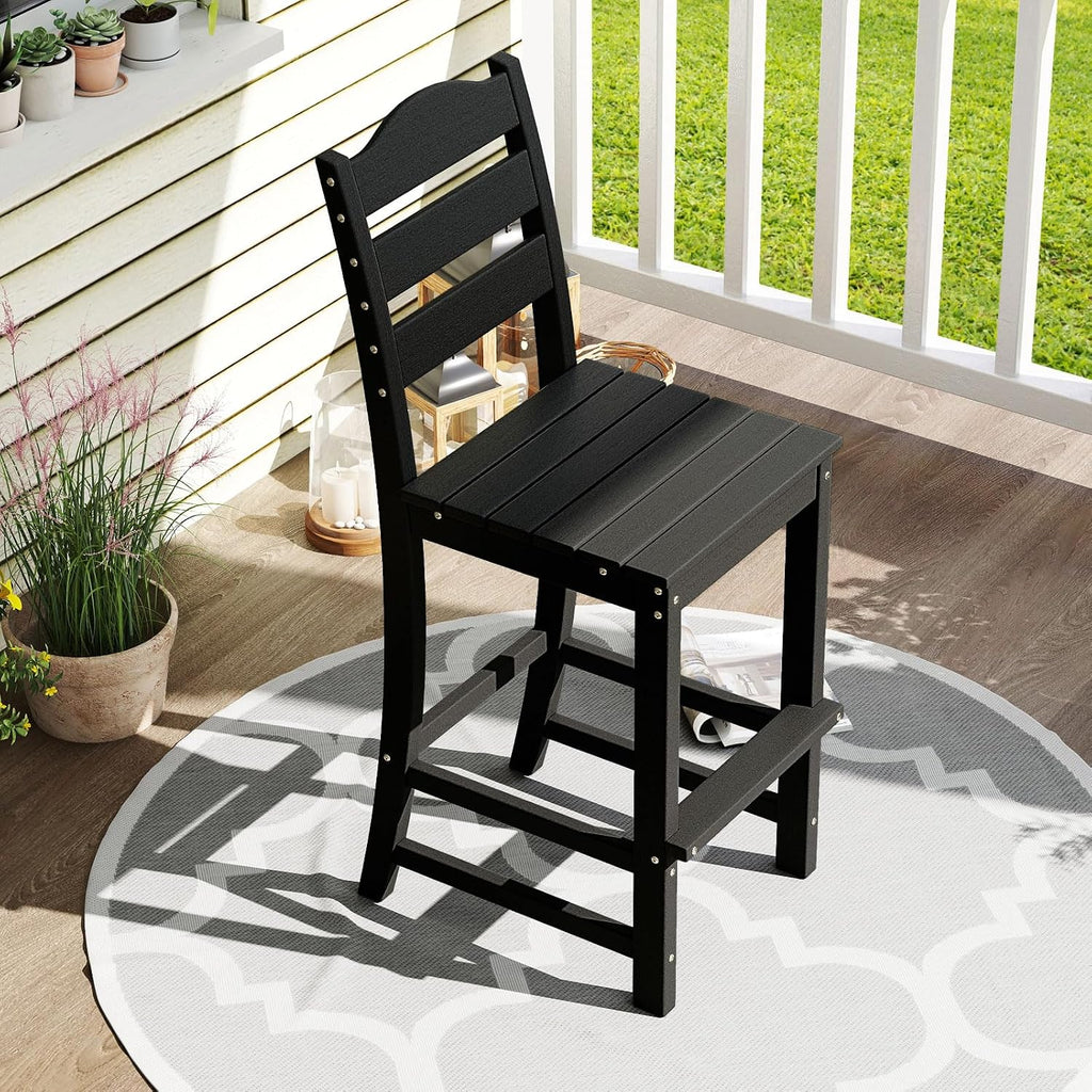 Tangkula Patio HDPE Barstool, Outdoor High Top Bar Chair w/Backrest & Footrest, All-Weather Wood-Plastic Bar Height Chair for Poolside, Backyard, Porch (4, Black)