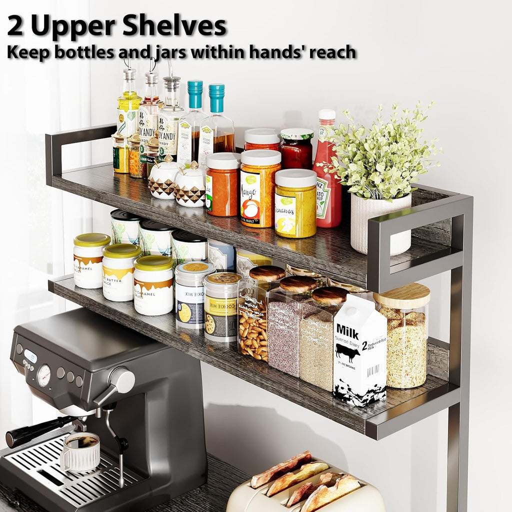 Mexin Baker's Rack with Power Outlet, 5-Tier Kitchen Storage Shelf with 2 Drawers, Industrial Microwave Stand Coffee Bar Station, 58.5" Heavy Duty Utility Rack for Spice Pots and Pans, Gray Oak