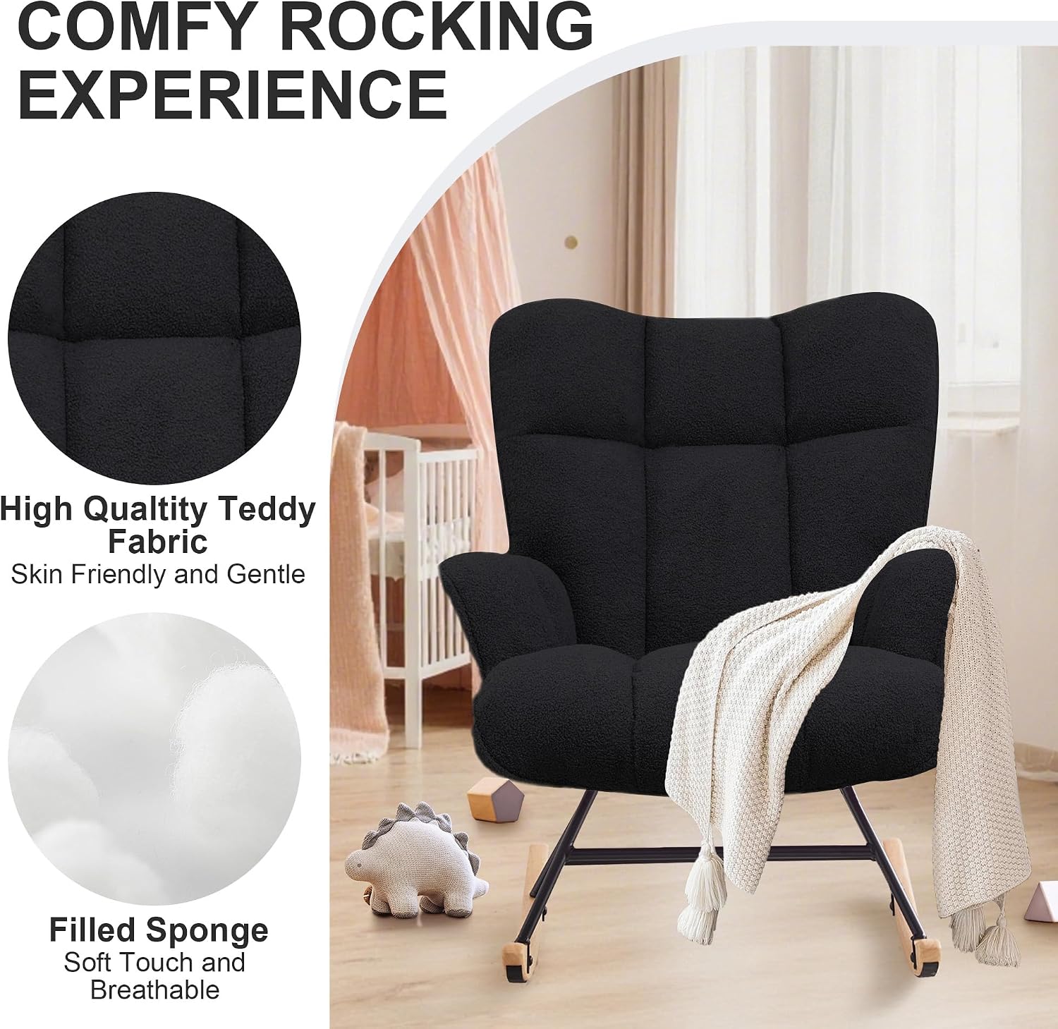 Zedachica Rocking Chair Nursery Teddy Upholstered Glider Rocker Rocking Accent Chair Padded Seat with High Backrest Armchair Comfy Side Chair for Living Room Bedroom Offices (Black Teddy)