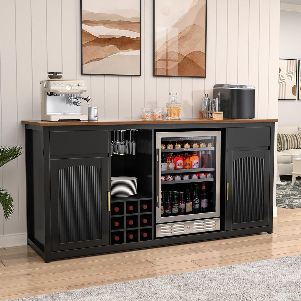 GDLF Extra Long Bar Cabinet with Fridge Space, Modern Wine Liquor Cabinet with Storage and Power Outlet, Buffet Sideboard with Fluted Doors for Home, 78.7 Inch, Black