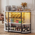 White Bar Cabinet with LED Lights & Power Outlets, 47" Curved Wine Bar Coffee Bar Cabinet with Wine Rack & Glass Holder, Liquor Cabinet Home Bar Unit for Living Room, Small Space