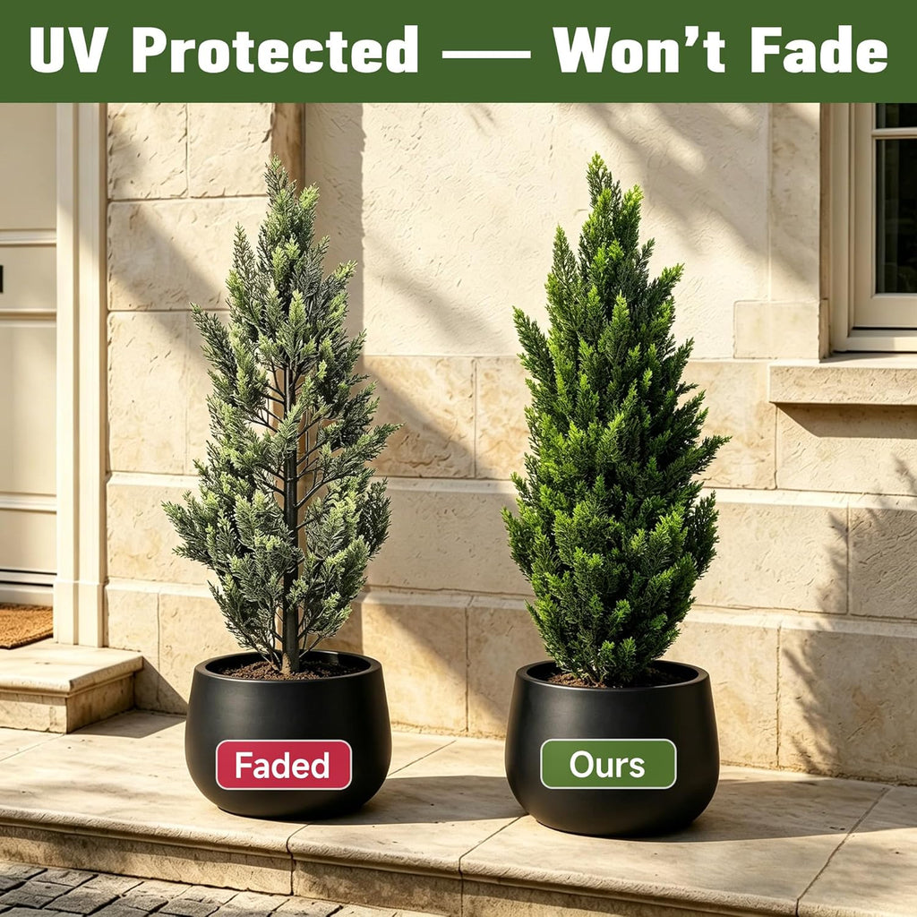 Set of 2 Artificial Topiary Pine Trees 3FT, Dense Faux Cedar Plants with Heavy Weighted Base, UV Resistant Outdoor Fake Trees for Front Door, Porch, Entryway & Indoor Home Decor