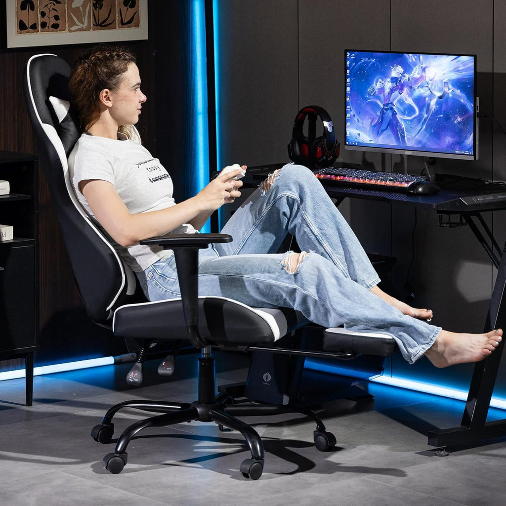 Gaming Chair with Footrest, Video Game Chair with Massage, PU Leather Computer Chair, Lumbar Support for Men Women, Home Office, Height Adjustable, Ergonomic High Back, White