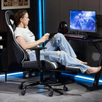 Gaming Chair with Footrest, Video Game Chair with Massage, PU Leather Computer Chair, Lumbar Support for Men Women, Home Office, Height Adjustable, Ergonomic High Back, White
