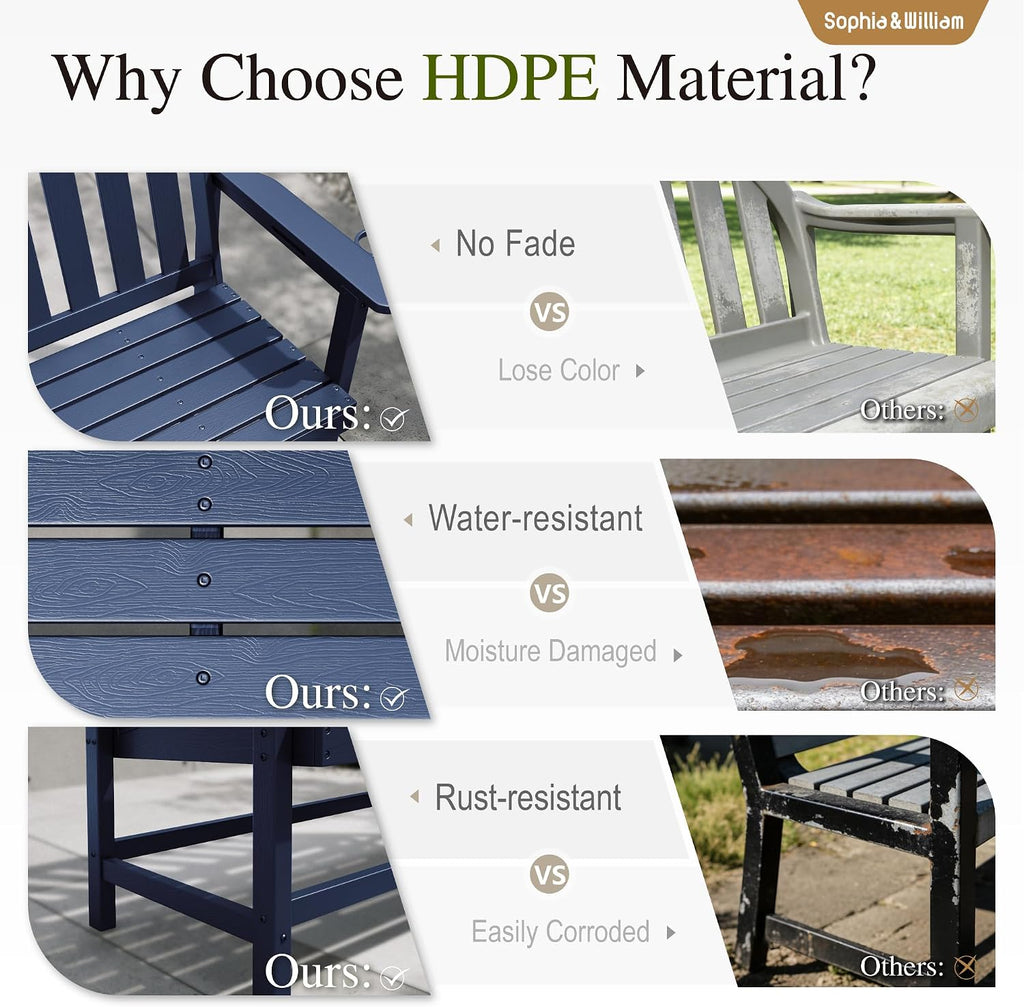 Sophia & William HDPE Outdoor Bench Weatherproof, 2-Person Garden Bench with Cup Holders, 700 lbs Capacity, Patio Benches for Porch, Garden, Backyard and Park, Navy