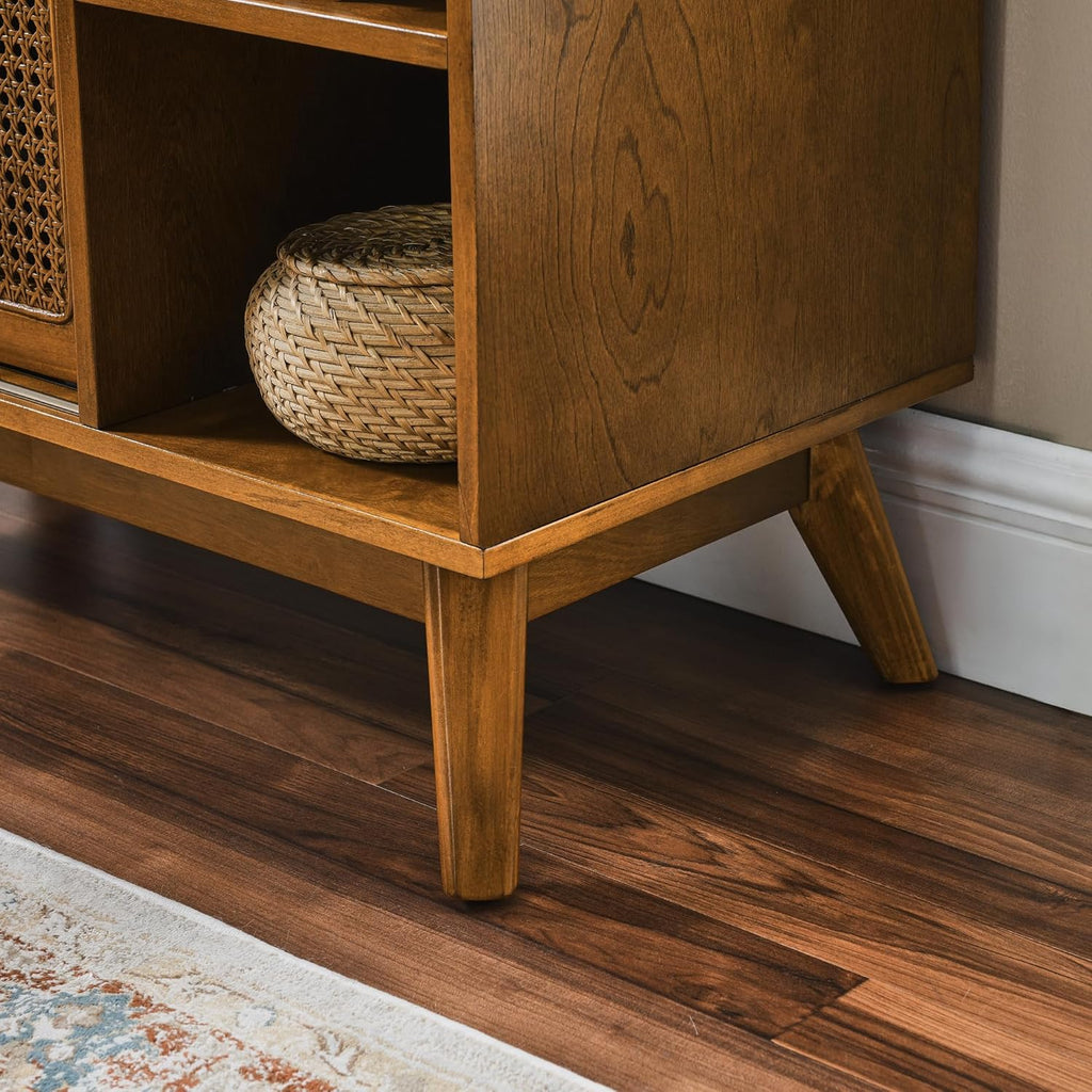 Ball & Cast 32" Mid Century Modern Rattan Sideboard Cabinet with 2 Sliding Doors, Buffet Cabinet w/Adjustable Shelf & Solid Wood Legs for Entryway, Living Room, Kitchen,Dining Room, Light Walnut