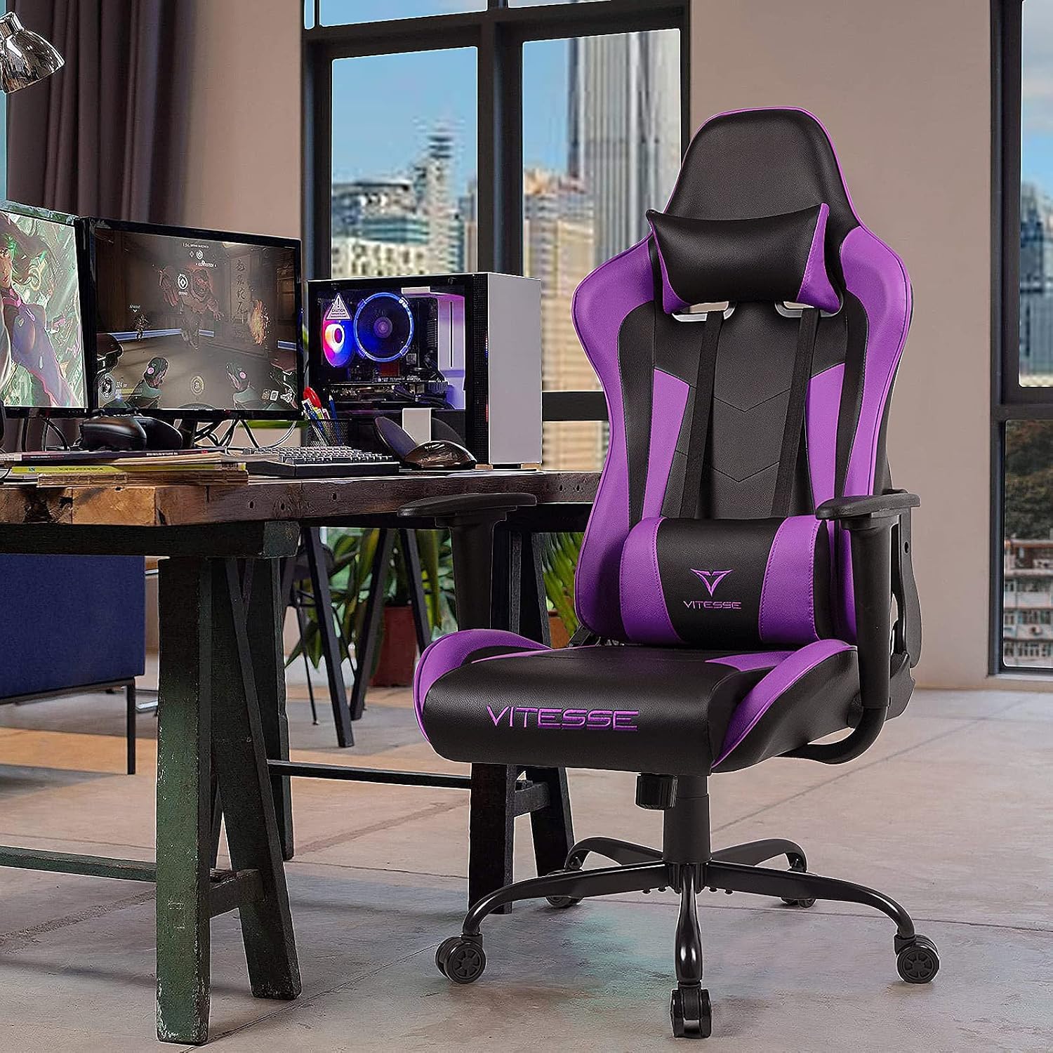 Gaming Chair,High Back Ergonomic Racing Gamer Chair with Lumbar Support and Headrest,Girl Computer Desk Chair with Height Adjustable(Purple)