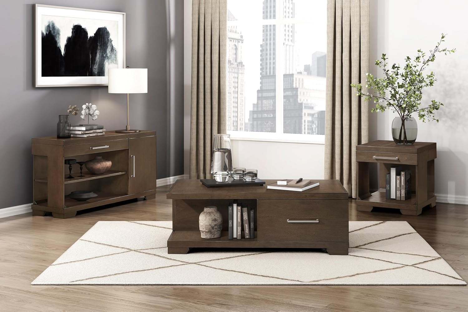 Penau Modern Rectangular End Table Espresso Finish, Dovetail Drawer with Nickel Tone Bar Pull, Lower Open Shelf, Mango Veneer and Engineered Wood, 22 x 24 x 24 Inchs