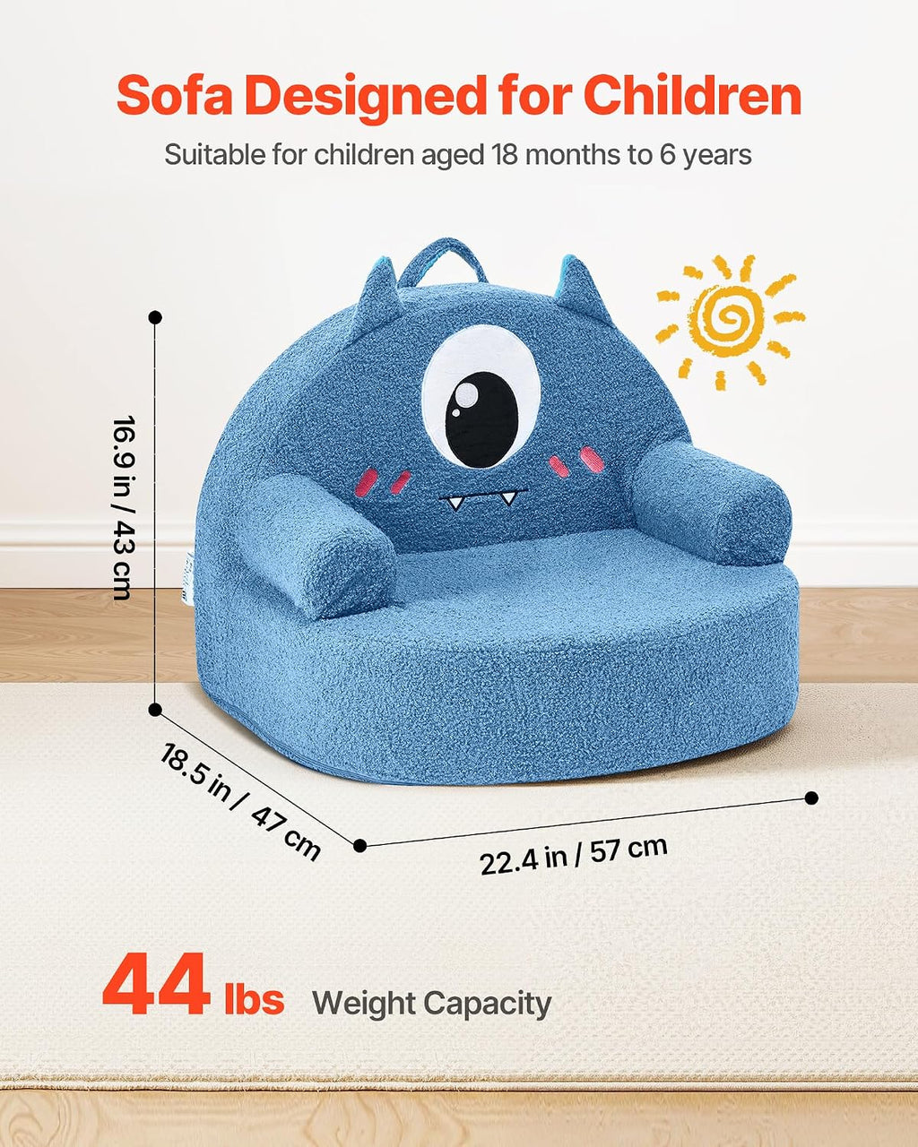 VEVOR Kids Sofa Comfy, Monster Style Foam Toddler Couch with Armrests, Movable & Washable Kids Sofa Made of 28D Sponge & Teddy Plush for Playroom, Bedroom, Living Room, Ideal Present for Child, Blue