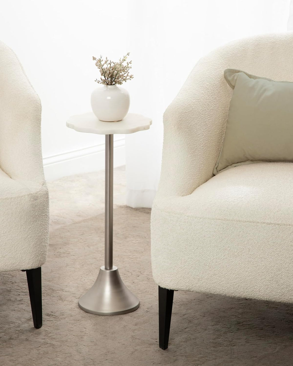 Kate and Laurel Sanzo Modern Pedestal Drink Table, 10 x 10 x 23, White Marble and Silver, Decorative End Table with Scalloped Marble Tabletop for Use as Small Plant Stand or Cute Martini Table