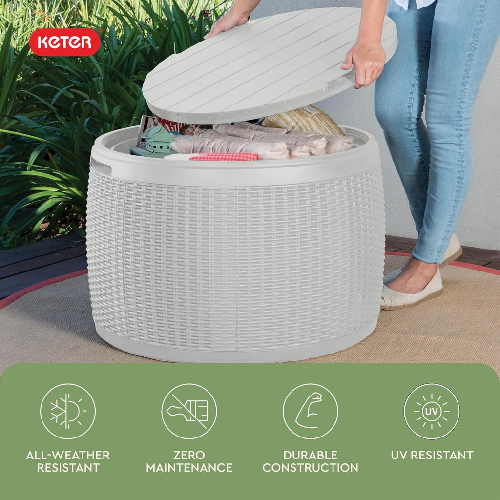 Keter Circa 37 Gallon Resin Deck Box Stool, All-Weather Outdoor Storage Seat with Rattan-Look Finish, Durable Patio Storage Bench for Cushions, Garden Tools, Pool Accessories