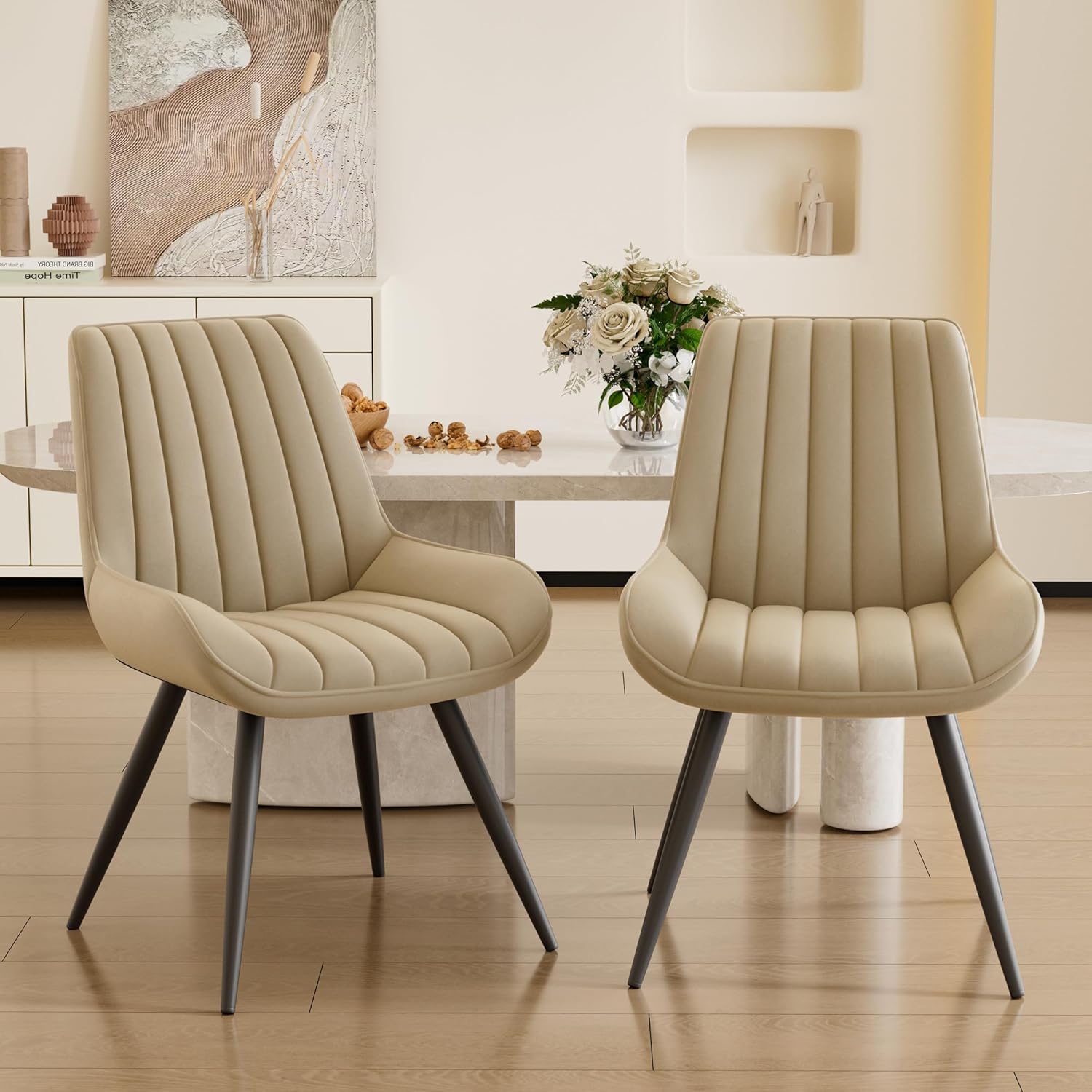 Dining Chairs Set of 2, Mid Century Modern Kitchen Chairs with Soft Cushion, Comfortable Upholstered Fabric Dining Room Chairs for Kitchen,Dark Beige