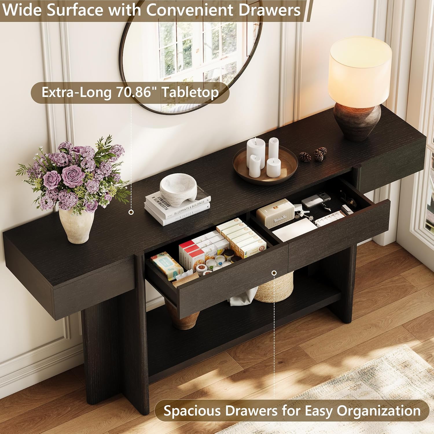 iPormis 70.8" Long Console Table with 2 Drawers and Open Storage, Modern Entryway Table with Colorful LED Lights, Narrow Sofa Table for Living Room, Hallway, Entrance, Behind Couch, Black