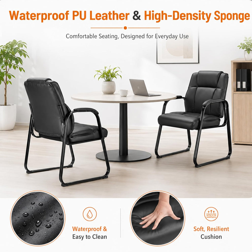 Simple Deluxe 2pcs Leather Guest Chairs with Padded Arms & Sled Base, Single Wheelless Stationary Lounge Seat, Ideal for Conference, Reception, Lobby, Home Office and Bedrooms, Black