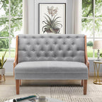 Upholstered Settee Bench Small Loveseat Sofa Rattan Dining Bench with Back Banquette Seating for Kitchen Dining Room Living Room Button Tufted Mini Couch Grey